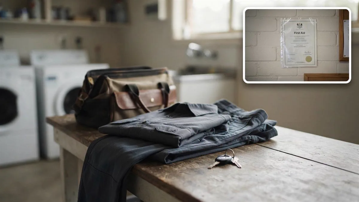A uniform, a tool bag and a set of car keys belonging to a worker
